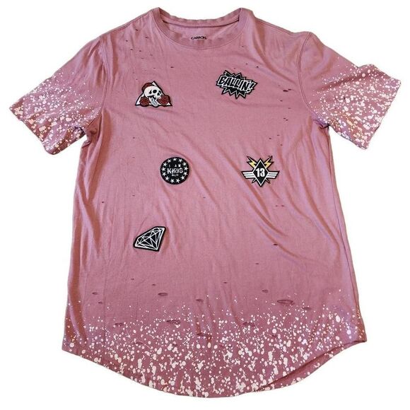 Carbon Women's Pink Embroidered Patch Paint Splatter Distressed Tee Size XXL - Picture 1 of 15